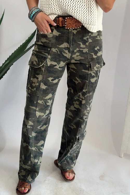 Camo Denim Cargo Pocket Wide Leg Pants